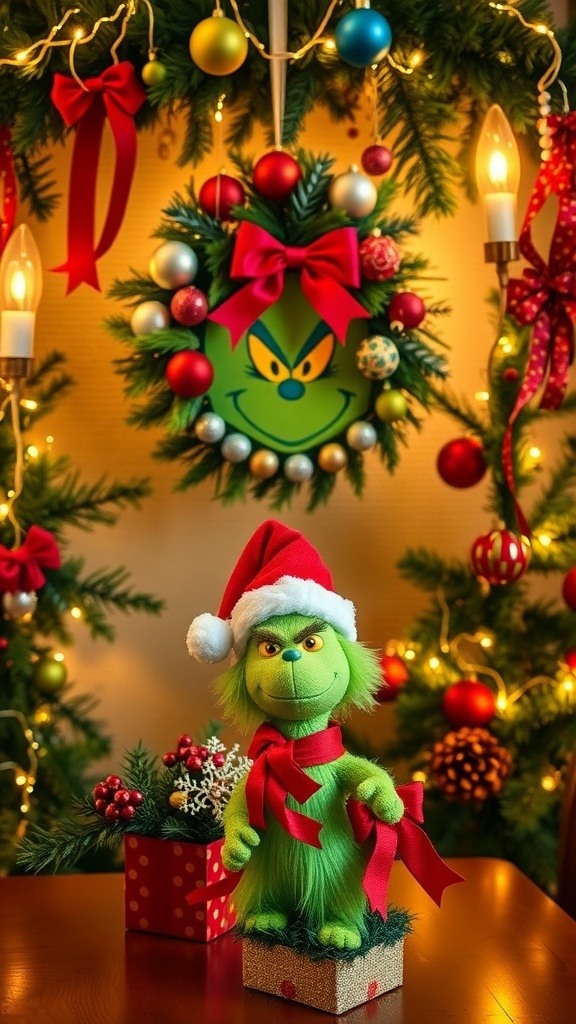 Grinch-themed DIY Christmas decorations including a wreath and table centerpiece, set against a festive background.